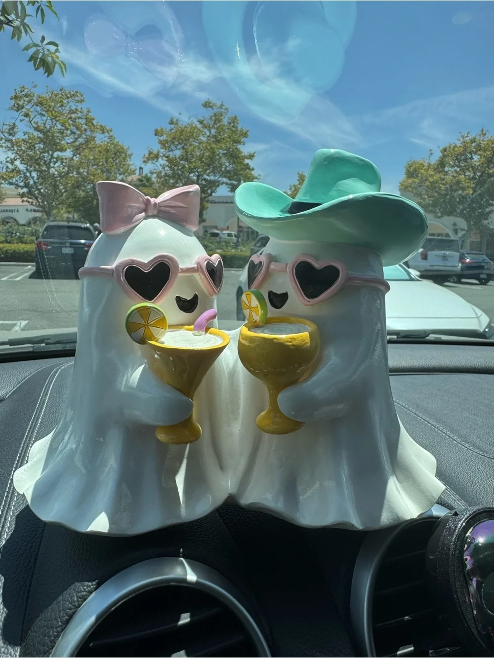 Cute Ghost Couple Figurines with Pink Accents